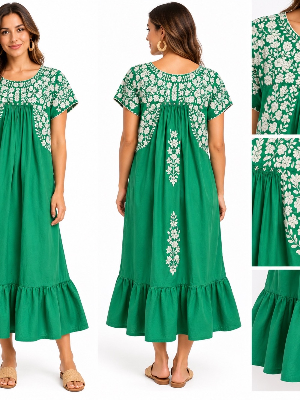 Handmade Green Floral Embroidered Maxi Dress with Ruffle Hem M